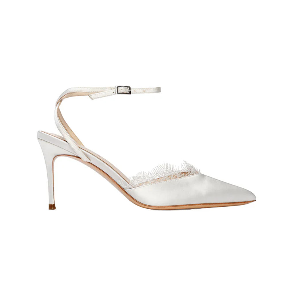 Side view of Lace 80 white satin pump showcasing pointed toe, lace trim and ankle strap on white background