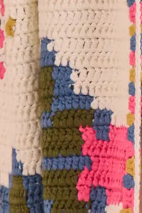Pink Multi hand-crocheted cardigan, long sleeves, and easy open front.