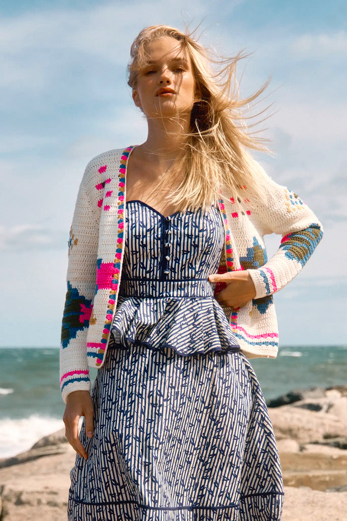 Pink Multi hand-crocheted cardigan, long sleeves, and easy open front.