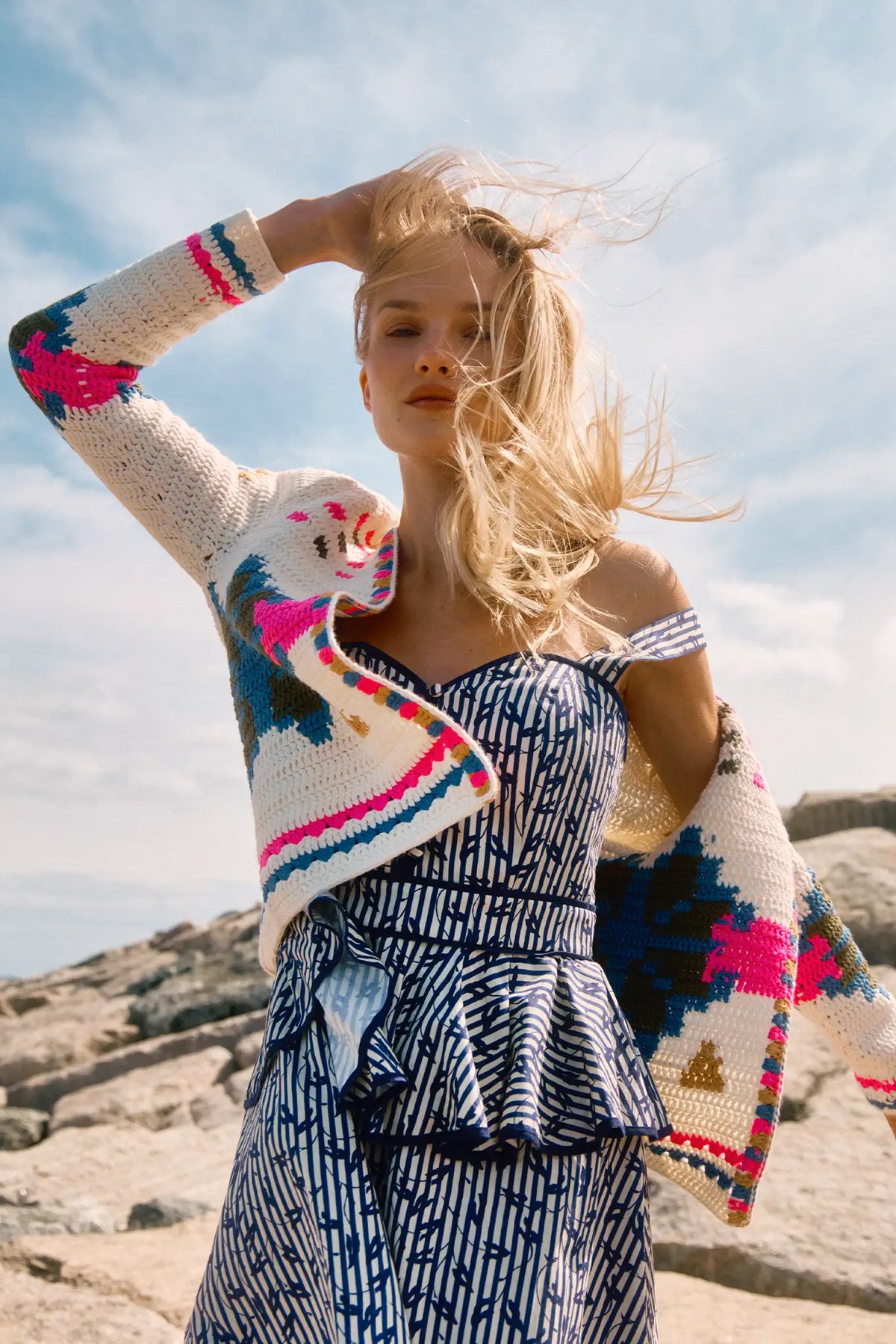 Pink Multi hand-crocheted cardigan, long sleeves, and easy open front.