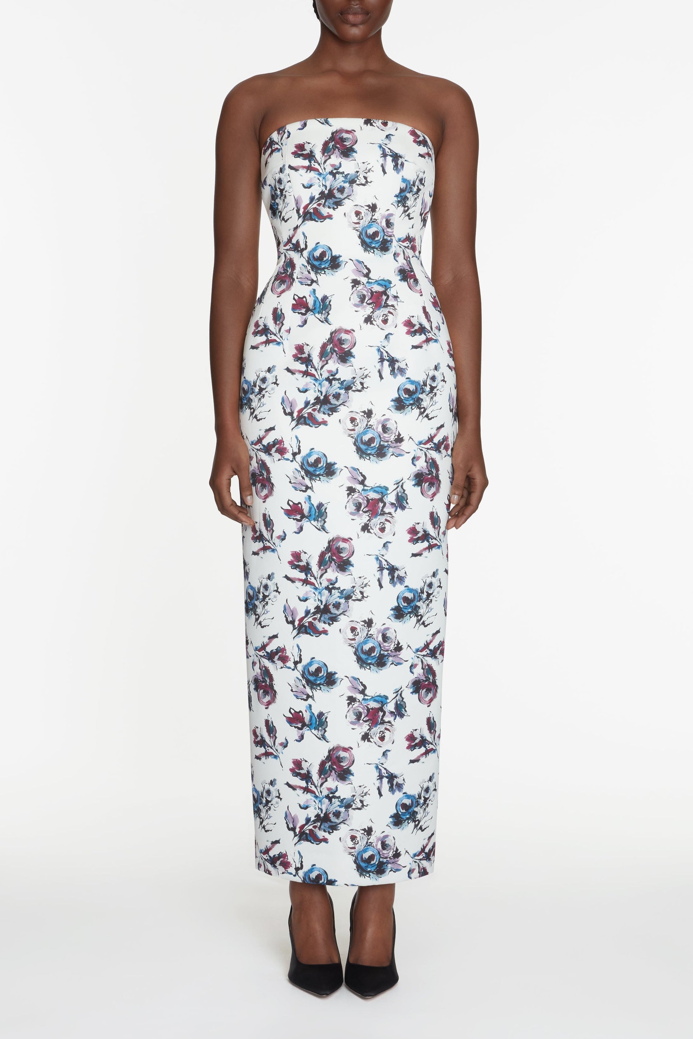 Laelia Dress In Purple & Blue Floral Print Genzianella Model Front Shot | Emilia Wickstead