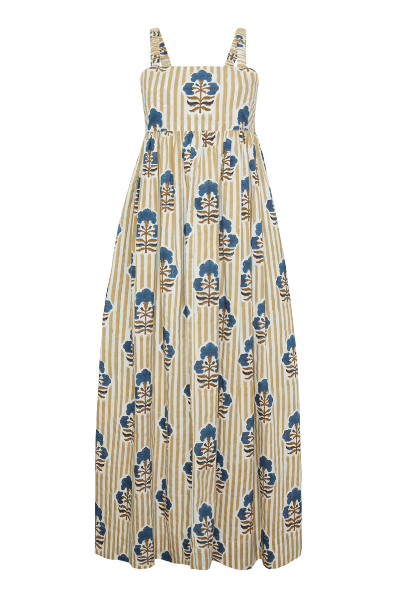 Laguna Sun Dress in Khaki Stripe with Brown Navy Flower