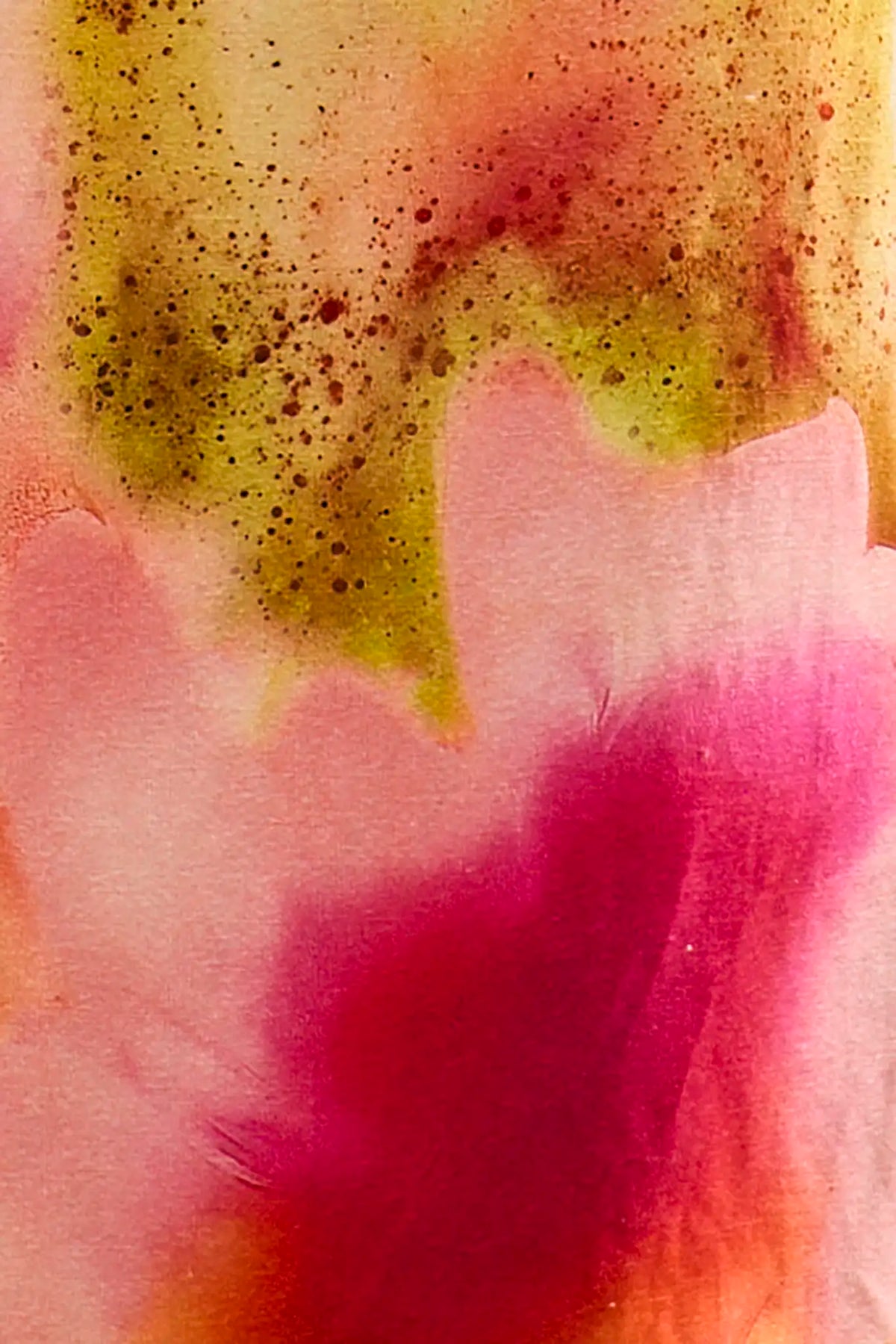 Cropped long sleeve top in yellow and pink tie-dye print with elastic at the sleeves