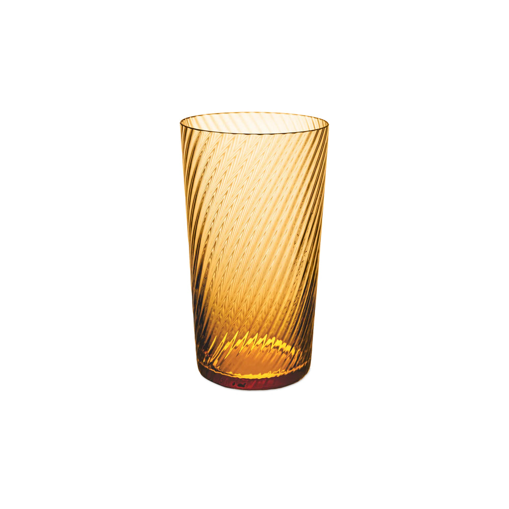 Front view of Lando Highball Glass, Twist showcasing amber glass and diagonal twisted texture against a white background