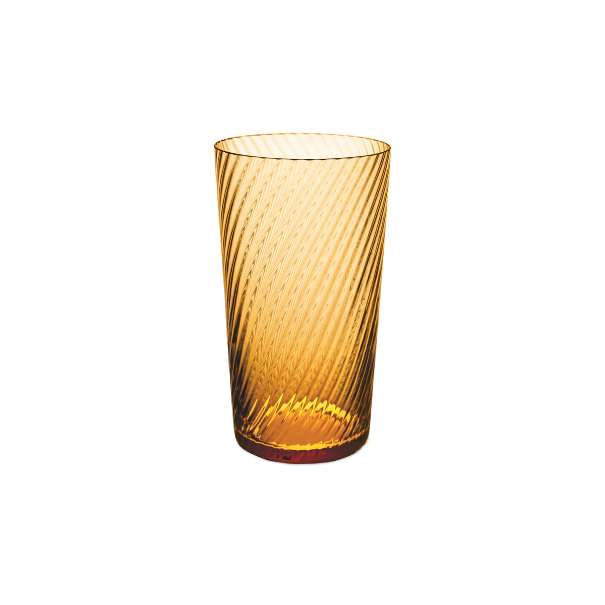 Front view of Lando Highball Glass, Twist showcasing amber glass and diagonal twisted texture against a white background