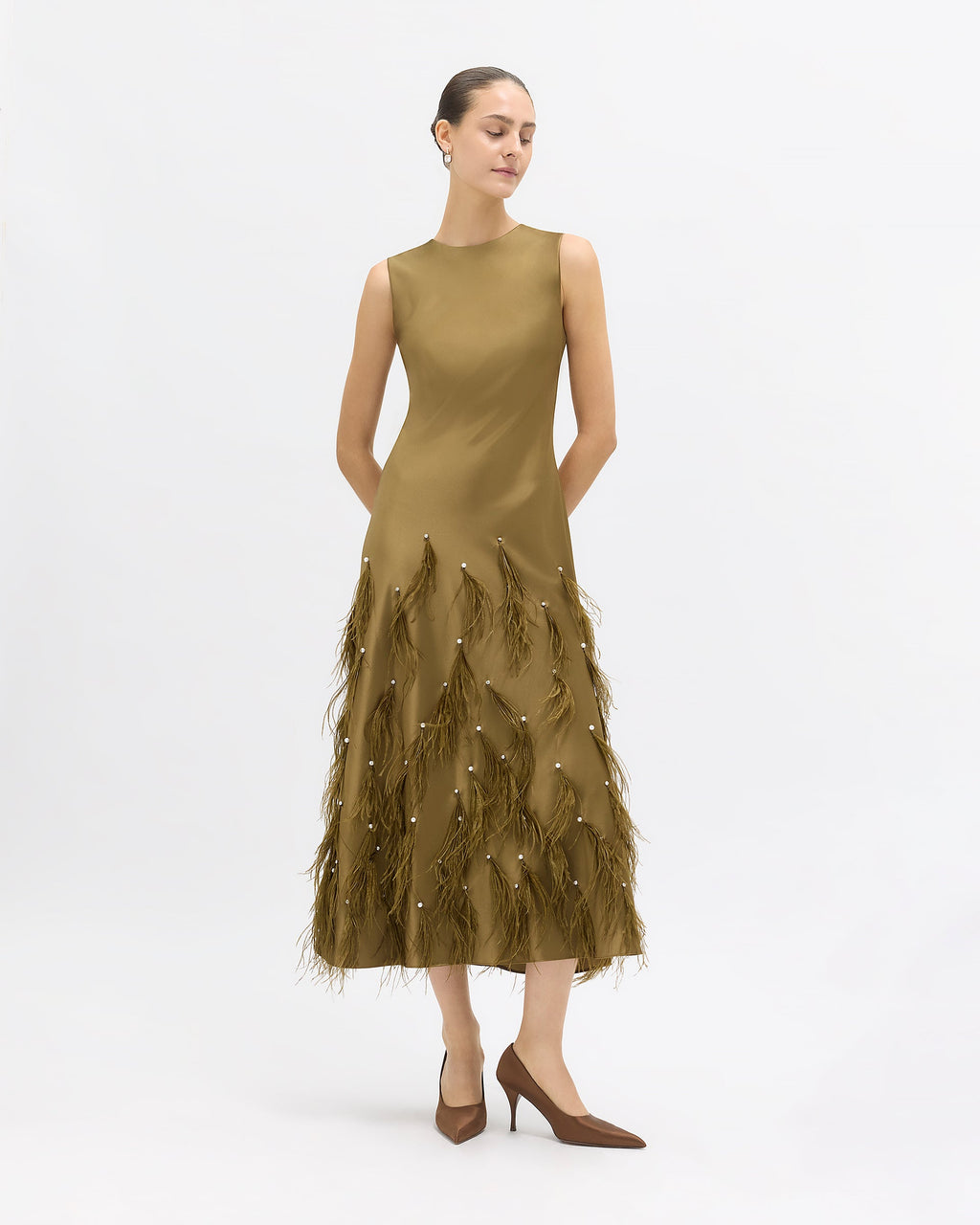 Laney Feather Dress in Olivine
