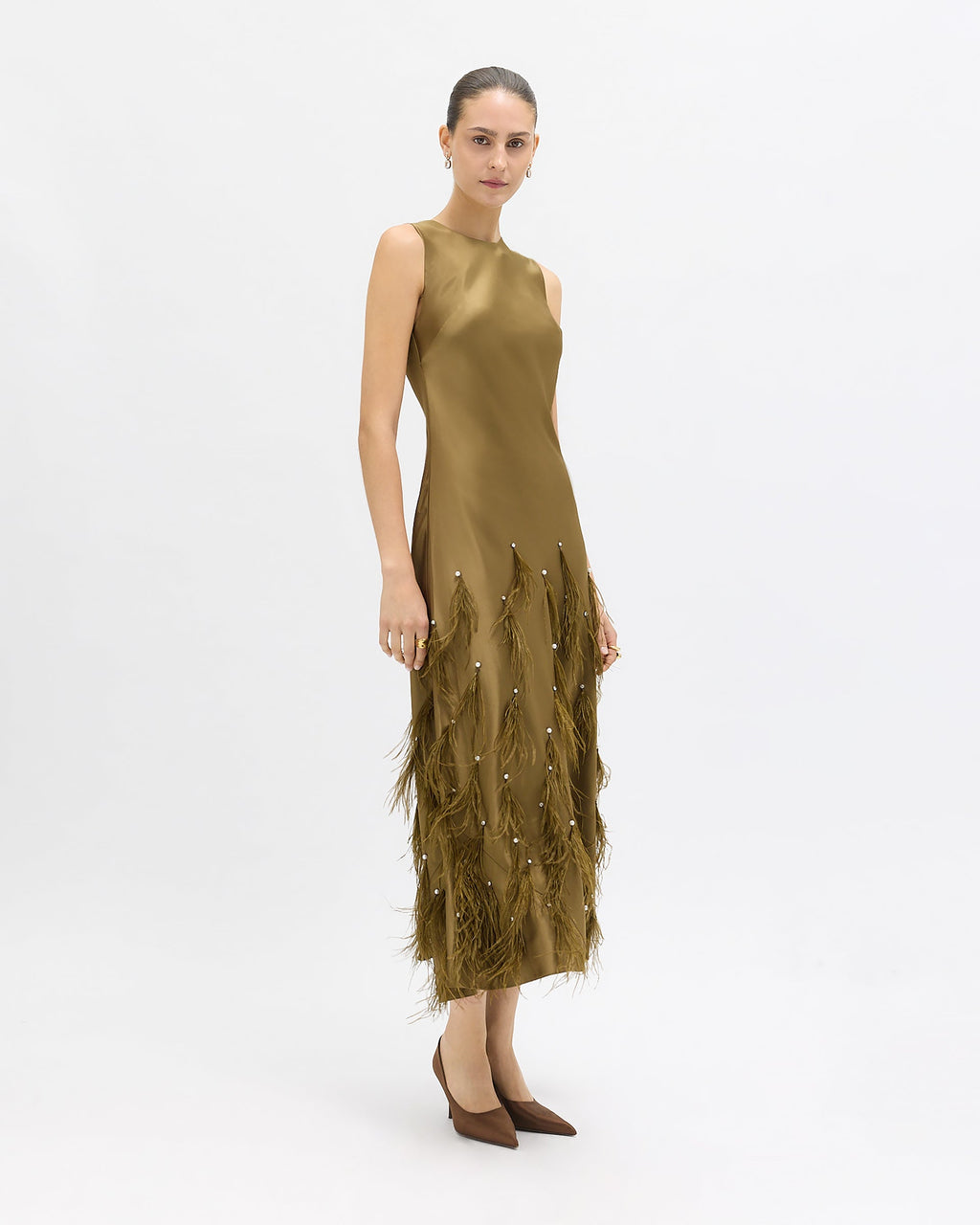 Laney Feather Dress in Olivine