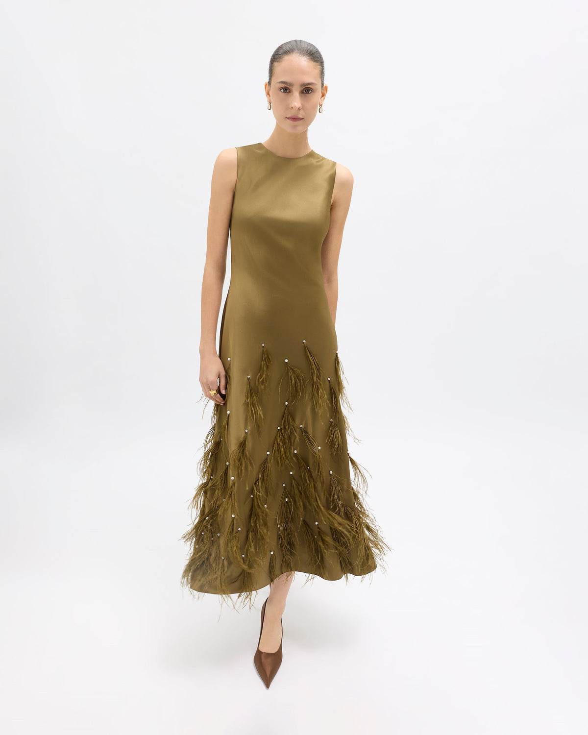 Laney Feather Dress in Olivine