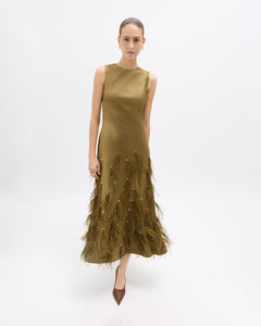 Laney Feather Dress in Olivine