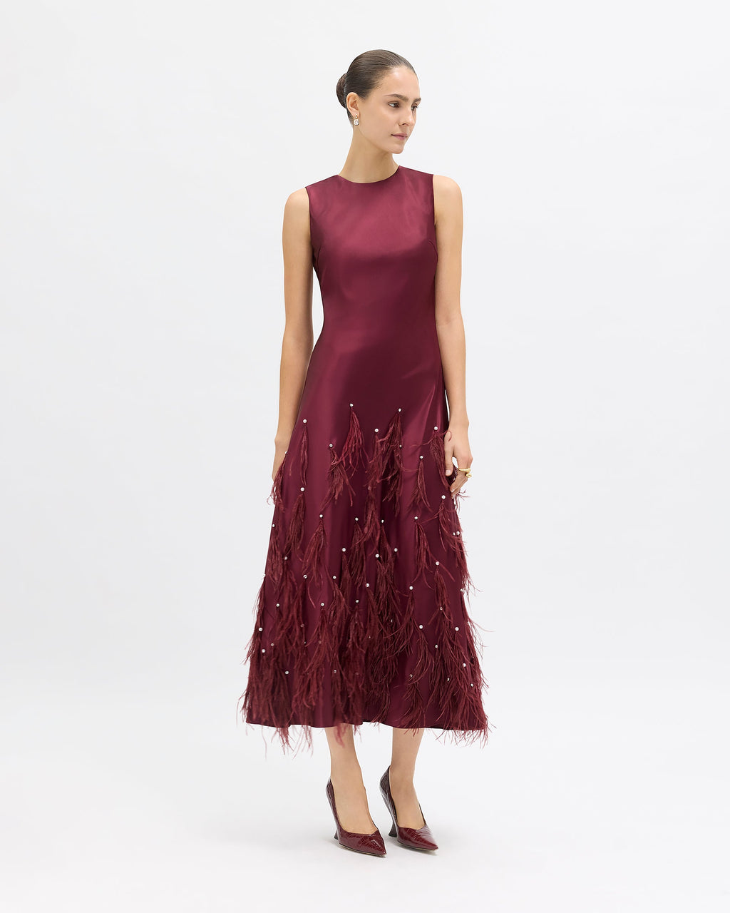 Laney Feather Dress in Pinot