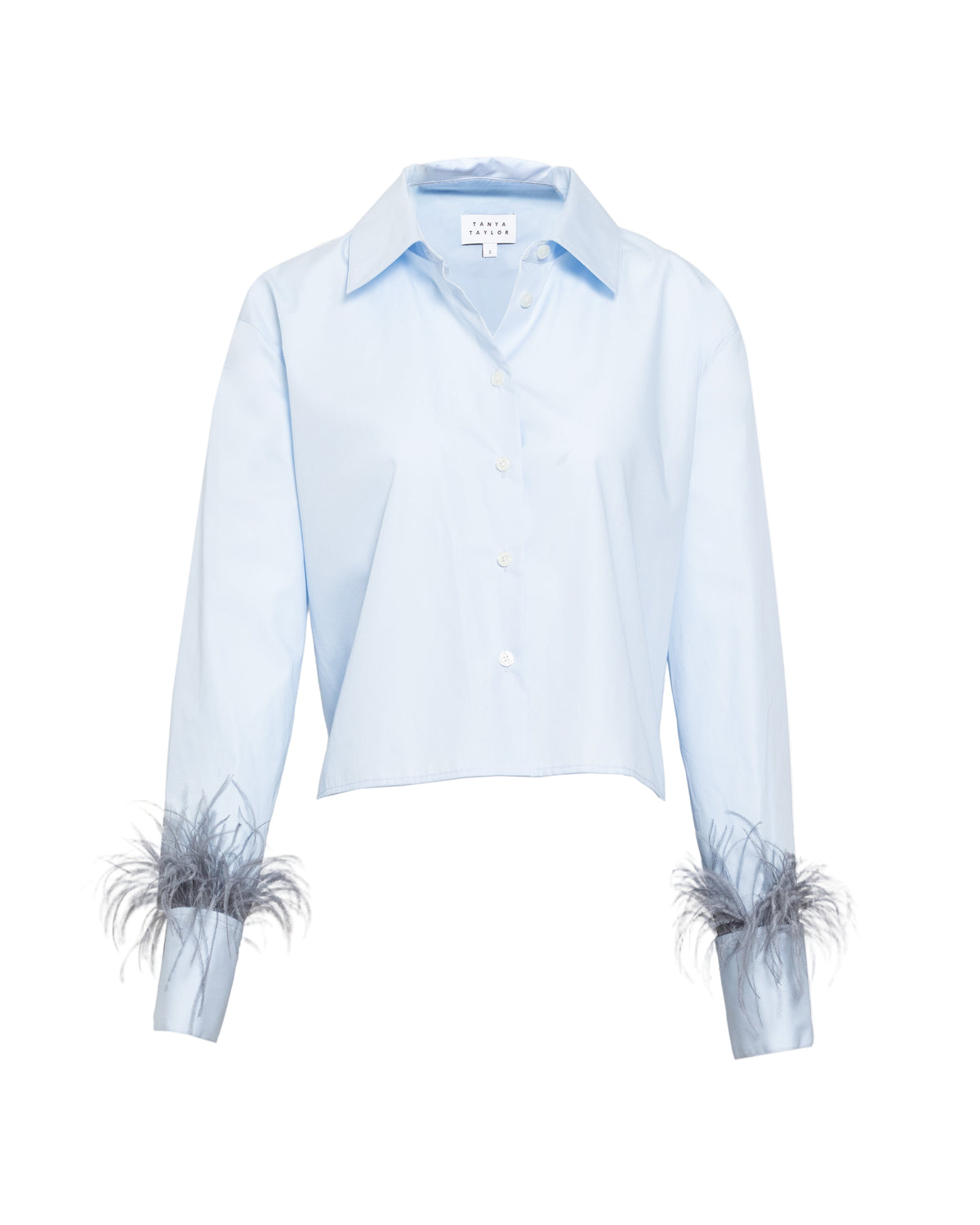 Front view of Largaux Feather Top in Oxford showcasing feather-trimmed cuffs, button-front collar and slightly cropped hem on white background