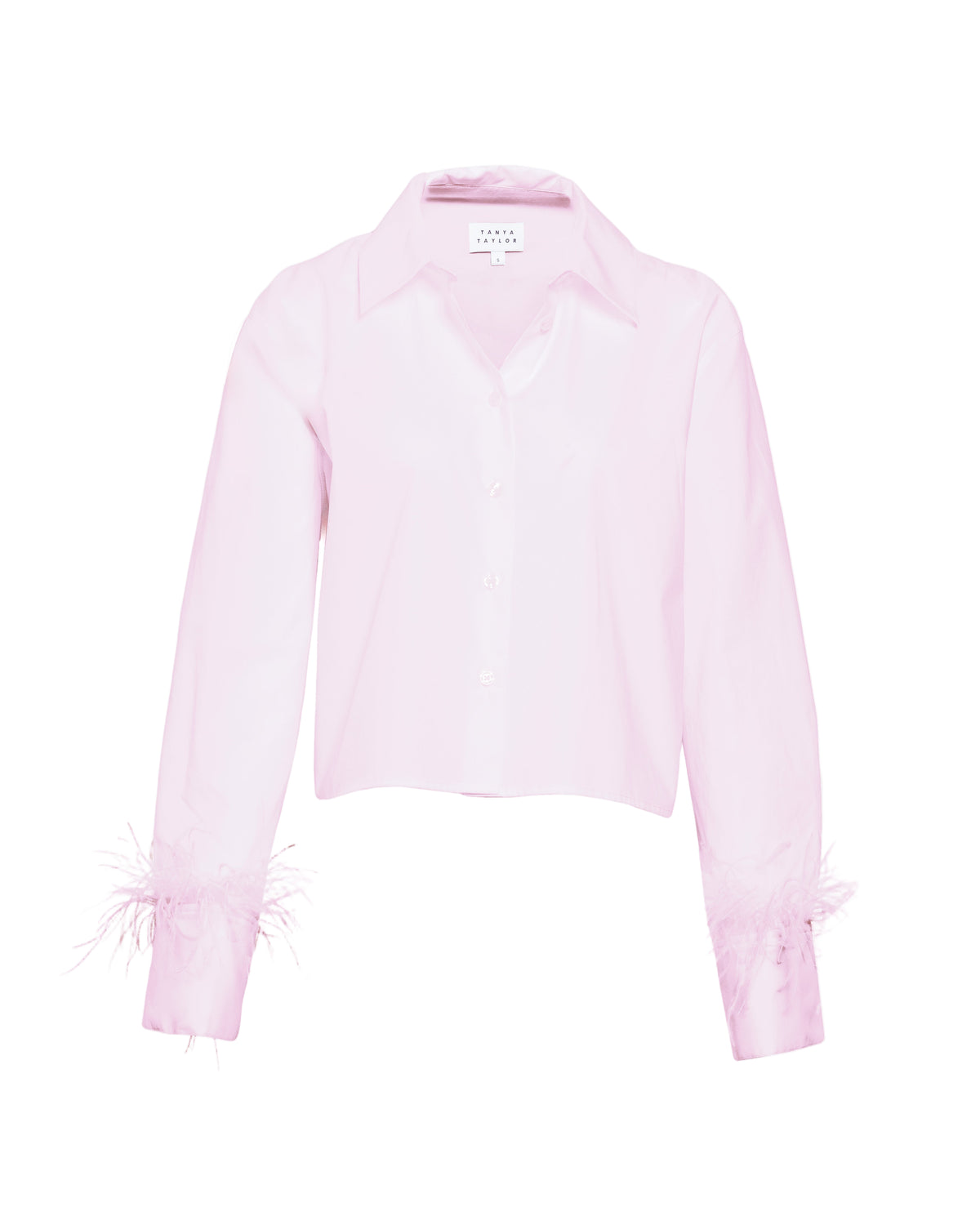Front view of Largaux Feather Top in Baby Pink showcasing feather-trimmed cuffs and button front with a white background