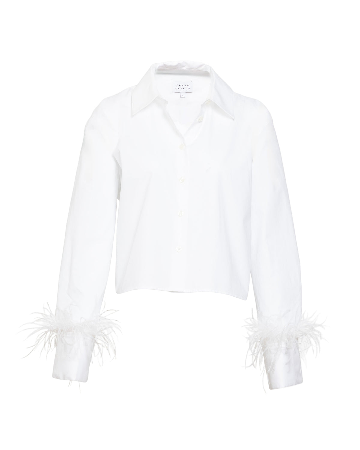 Front view of Largaux Feather Top showing collared neckline, cropped silhouette and feather-trimmed cuffs on white background