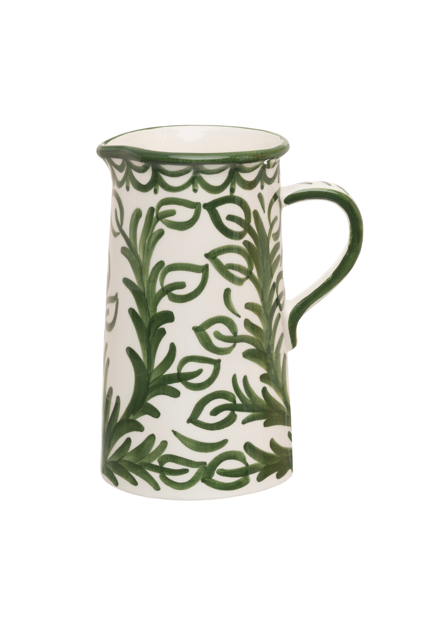 Front view of Large Green Jug showing hand-painted green leaf repintado motif and curved handle on white background