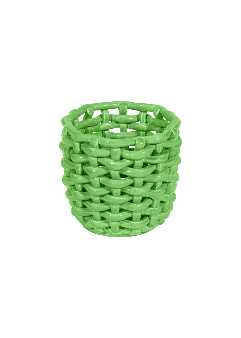 Front view of Apple Green glazed basketweave ceramic planter showcasing handwoven texture on white background