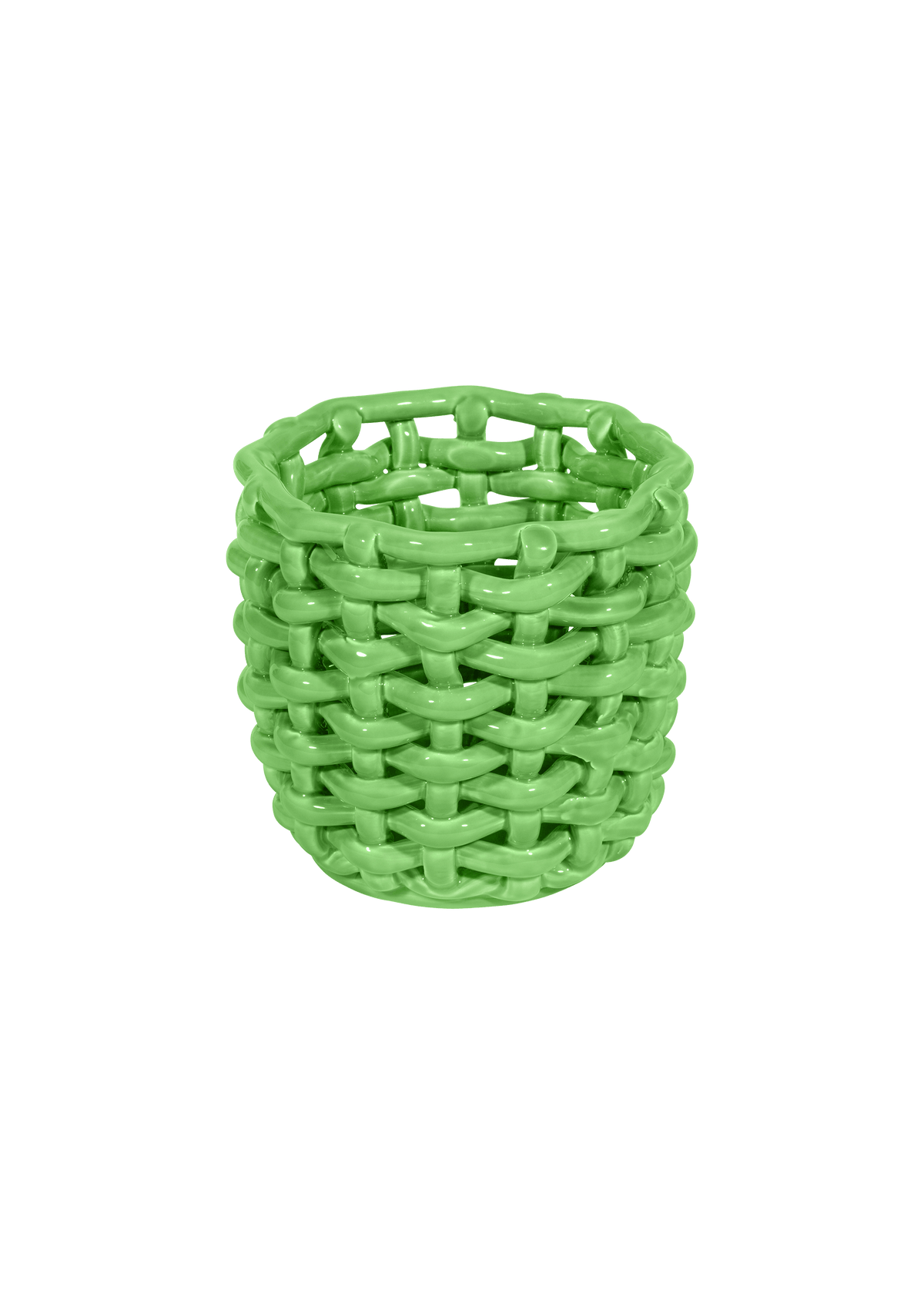 Front view of Apple Green glazed basketweave ceramic planter showcasing handwoven texture on white background