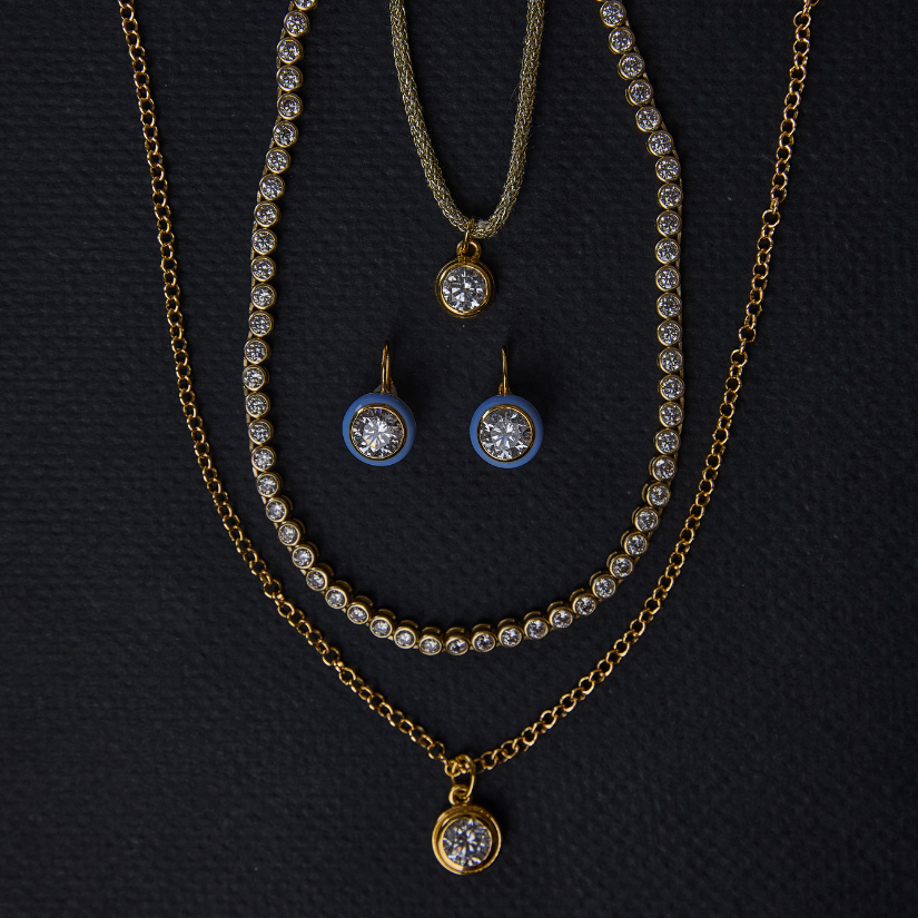 Large Bezel Charm, Bezel Tennis Necklace, Blue Bezel Earrings, Bezel Necklace