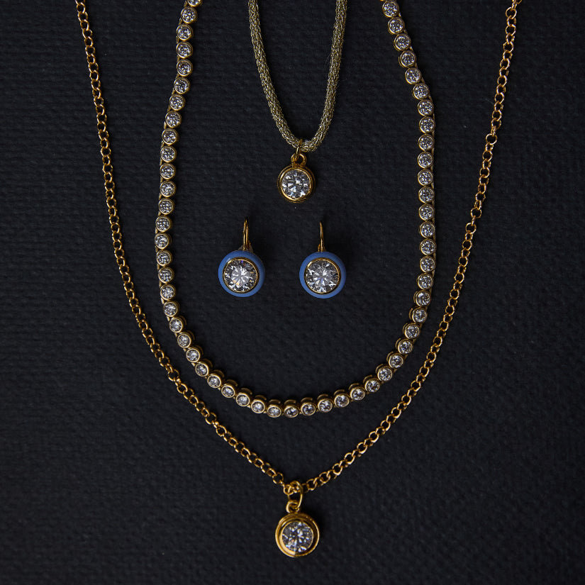 Large Bezel Charm, Bezel Tennis Necklace, Blue Bezel Earrings, Bezel Necklace