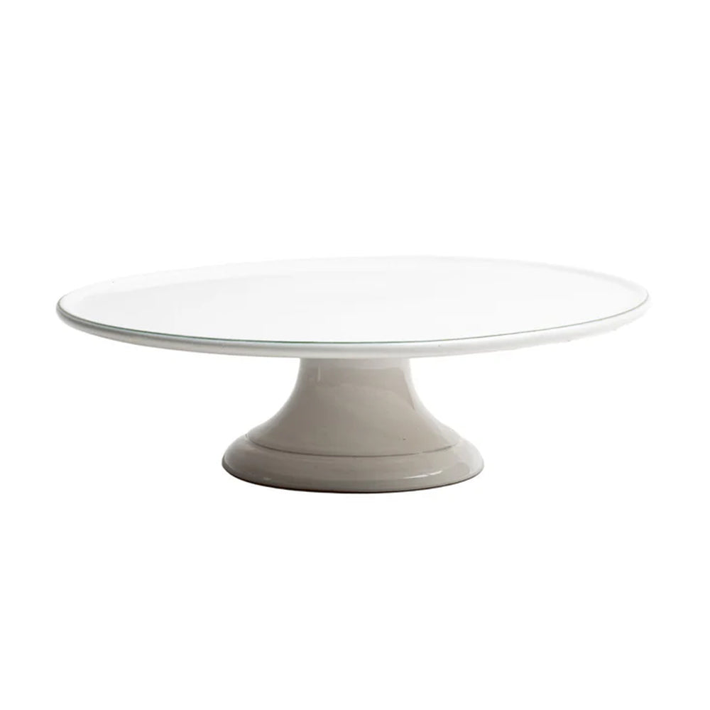 Angled side view of Bevagna large cake stand showing wide flat top and glazed terracotta pedestal on white background