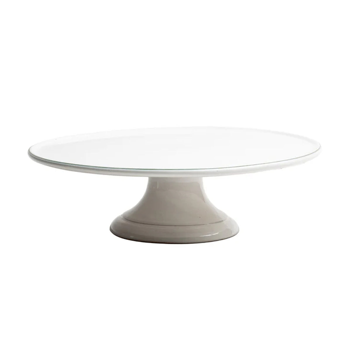 Angled side view of Bevagna large cake stand showing wide flat top and glazed terracotta pedestal on white background