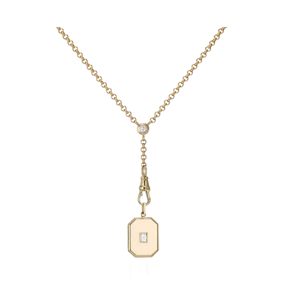 Large Gold Diamond Baguette Cut Bezel Charm and Old European Cut Diamond Double Bezel Arin Chain