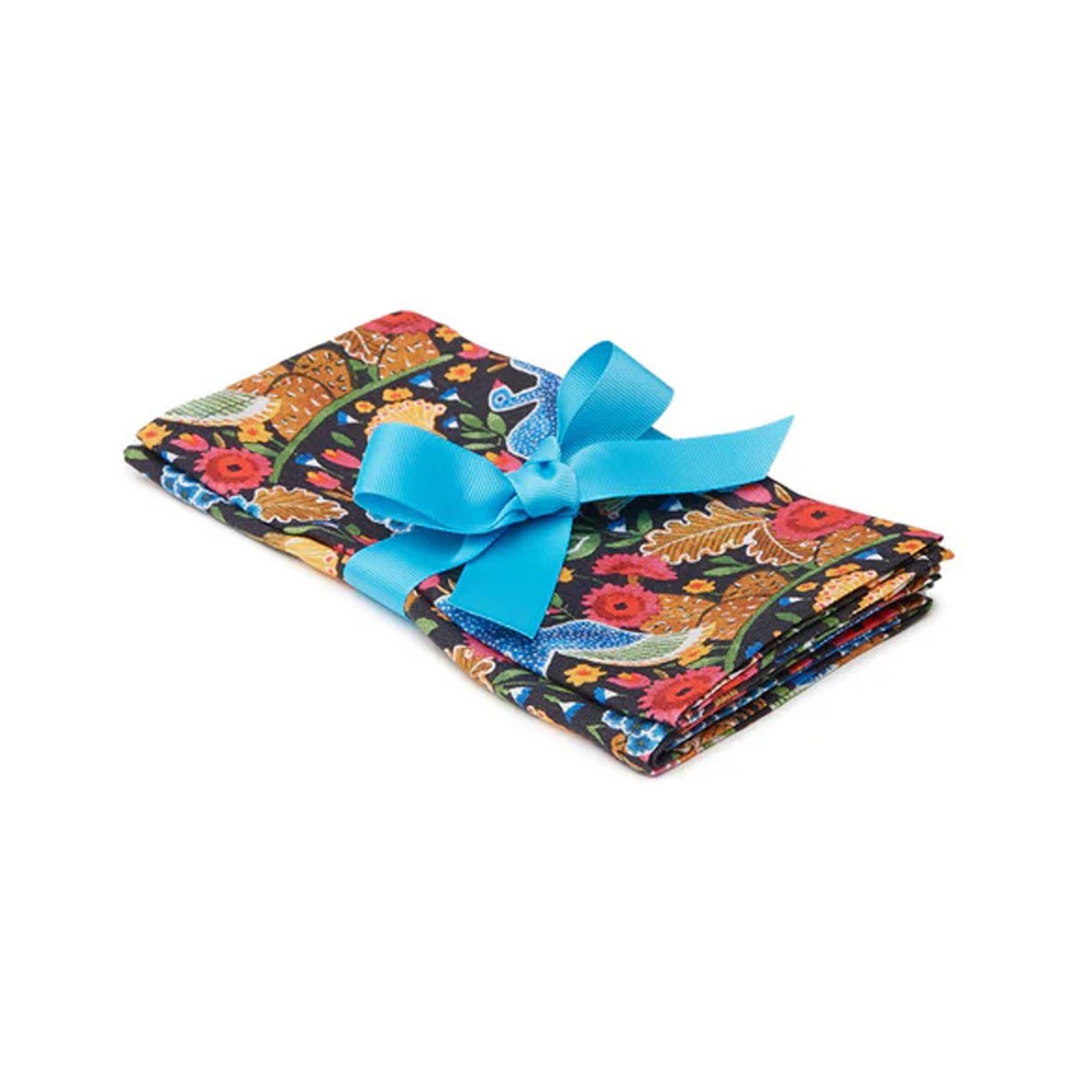 Three-quarter view of Large Napkins in Colombo Piccolo Nero Multicolor, Set of 2 showcasing floral print and blue bow on white background