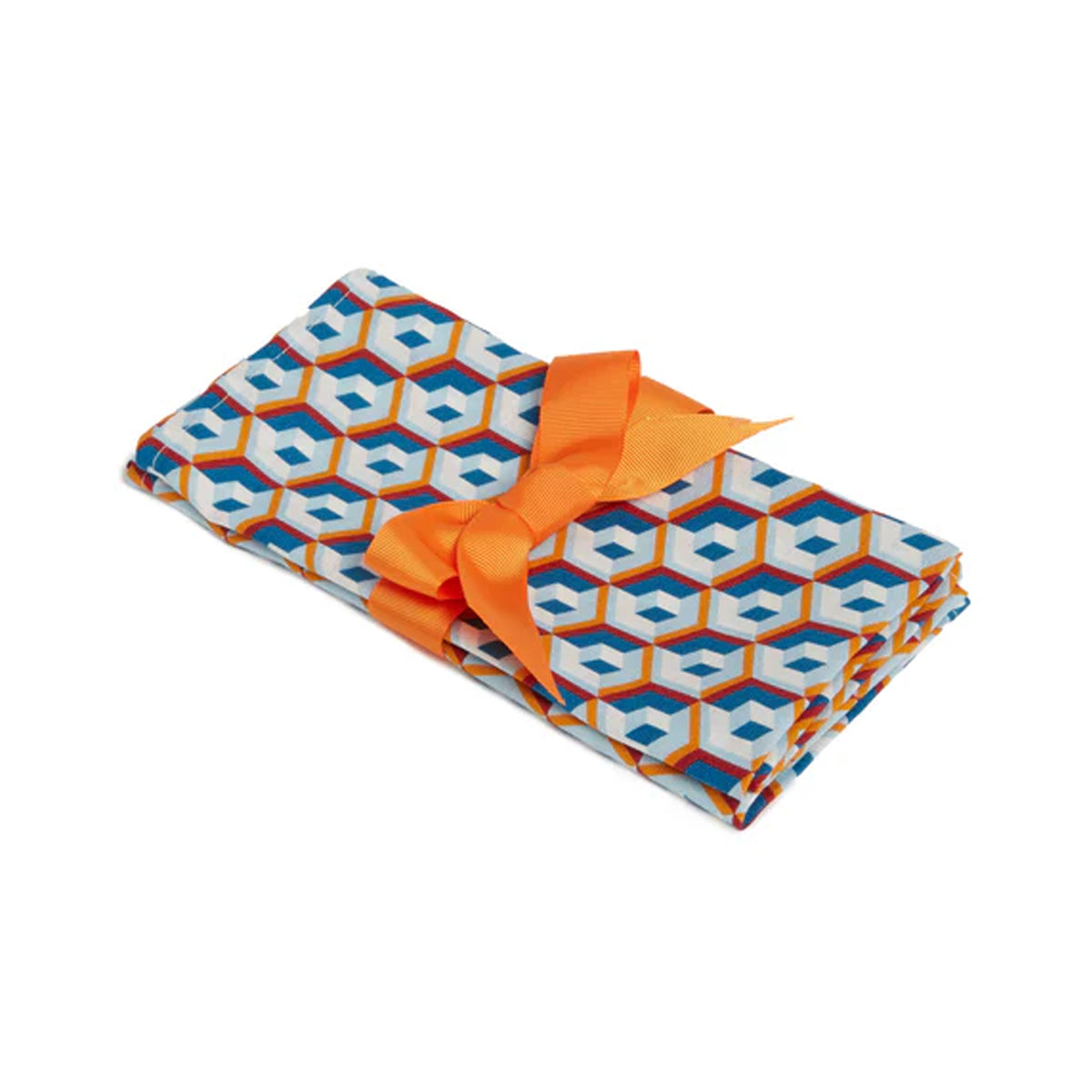 Angled view of Large Napkins in Cubo Giallo/Fuxsia Blue showcasing bold geometric print and orange ribbon on white background