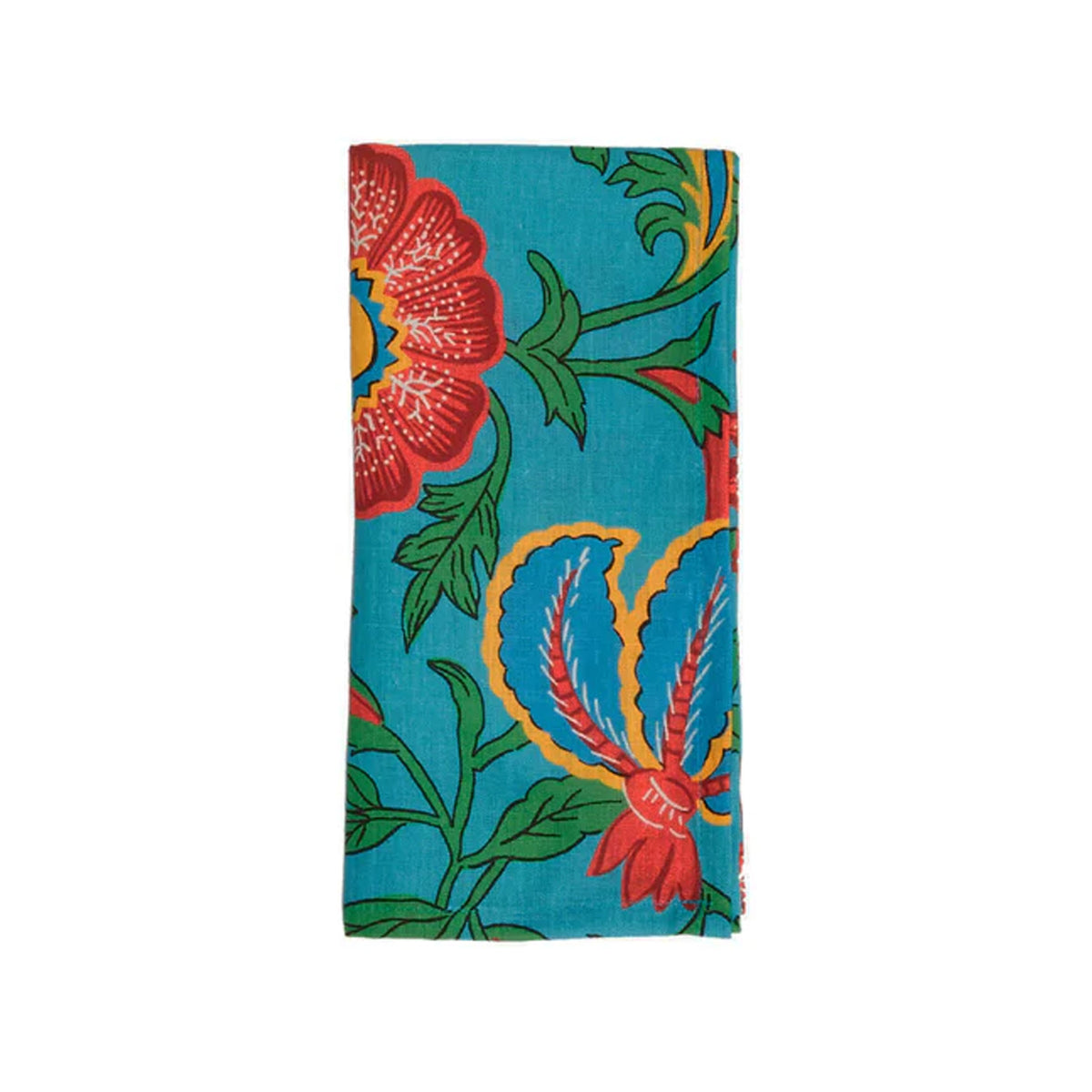Close-up of Large Napkins in Dragon Flower Turquoise, set of 2 showcasing bright floral print on Italian linen against white