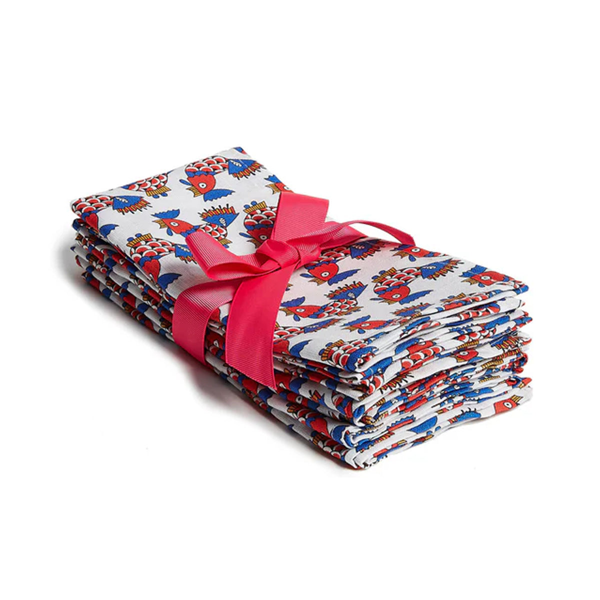 Angled view of Large Napkins in Galletti Multicolor Set of 6 showcasing fish print and pink ribbon on white background