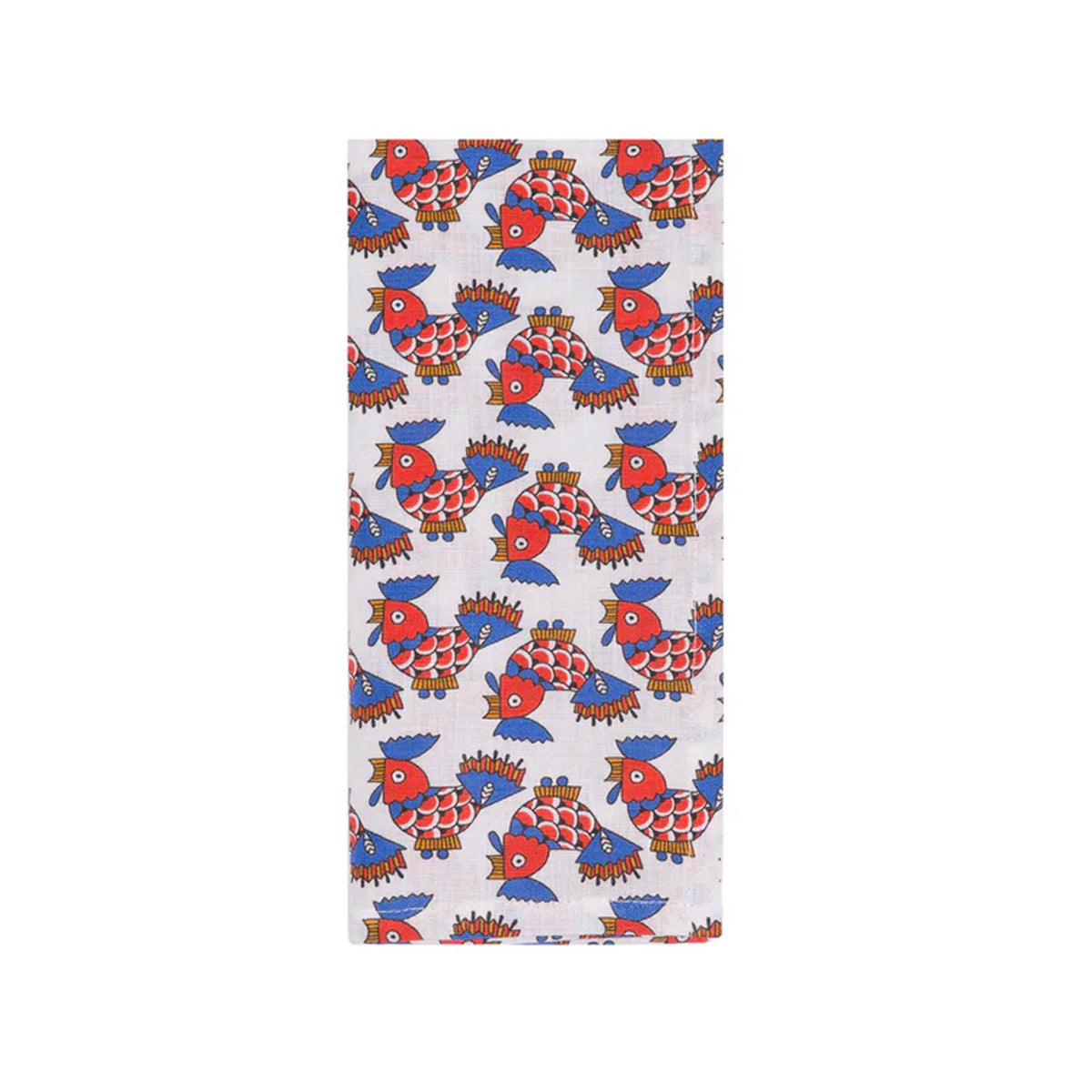 Front view of Large Napkins in Galletti Multicolor showcasing colorful fish print on Italian linen with a white background
