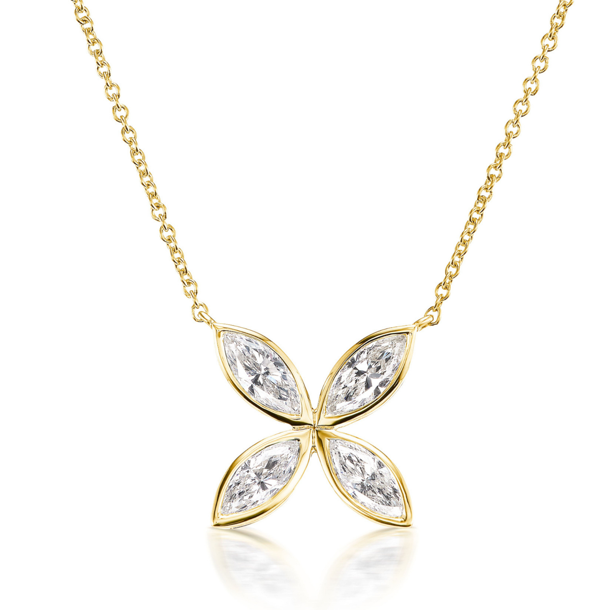 The Bezel Set Marquise Diamond Floral Pendant features four marquise-cut gemstones (1.23TCW) in a floral design, set in 18k gold on an 18-inch gold chain.