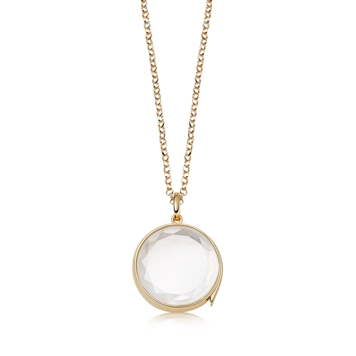 Front view of large round locket pendant with faceted sapphire crystal and side opening on 14K rolo chain