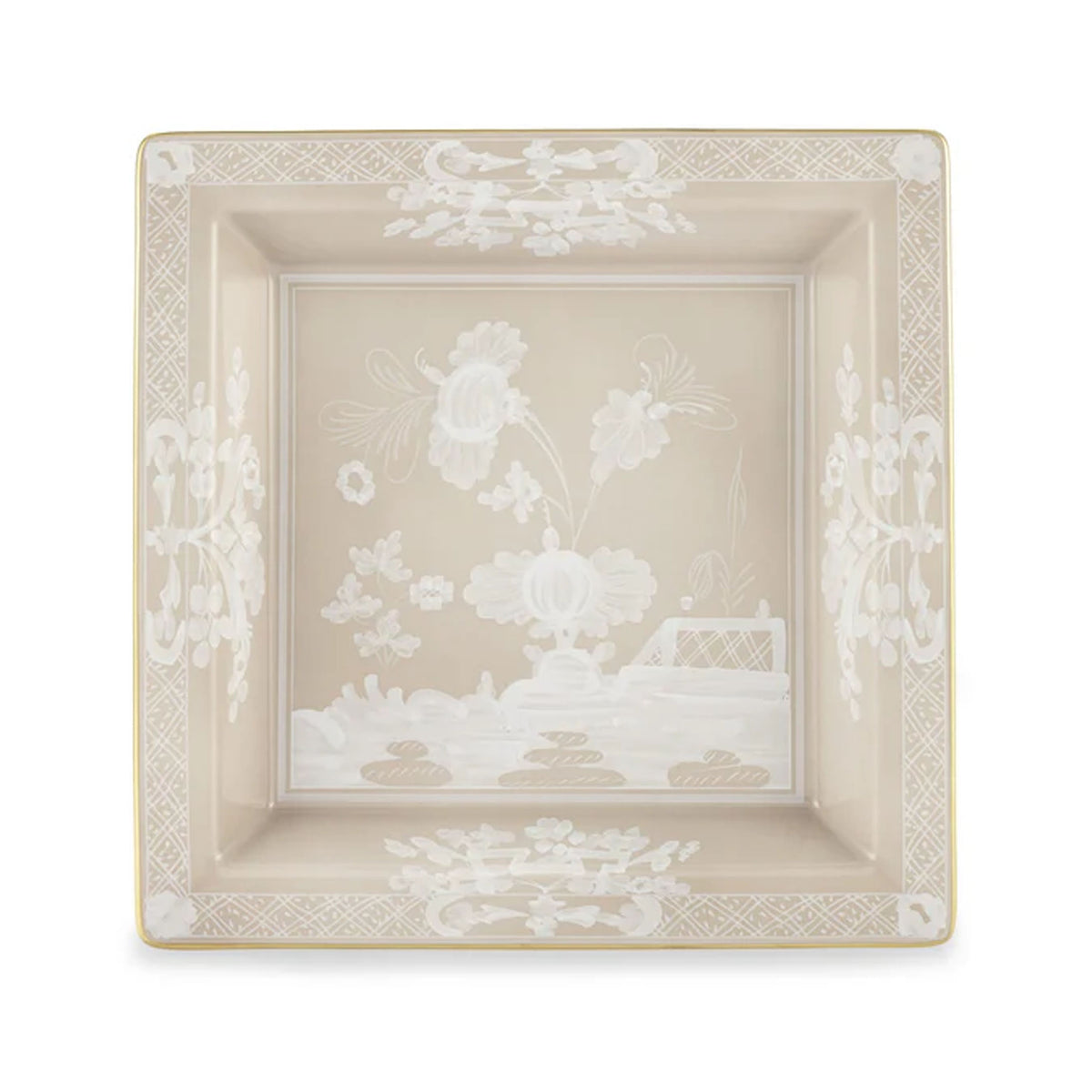 Front view of Oriente Italiano Oggetti Change Tray in Meringa with floral decoration and gold rim