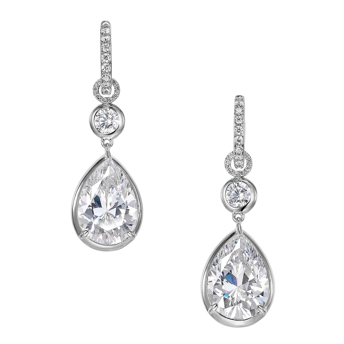 Large Pear Pendant Hoop Earrings in White Gold