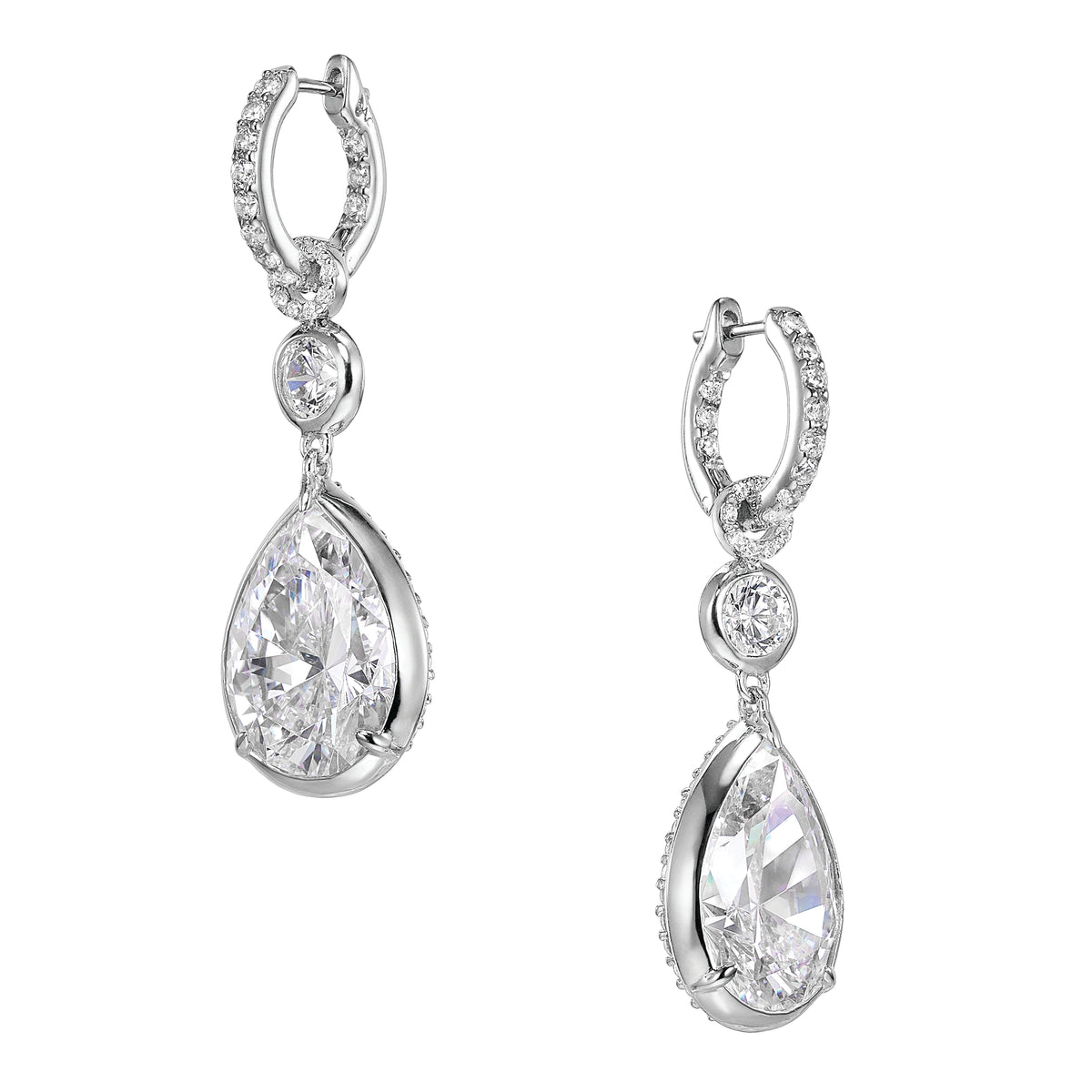 Large Pear Pendant Hoop Earrings in White Gold