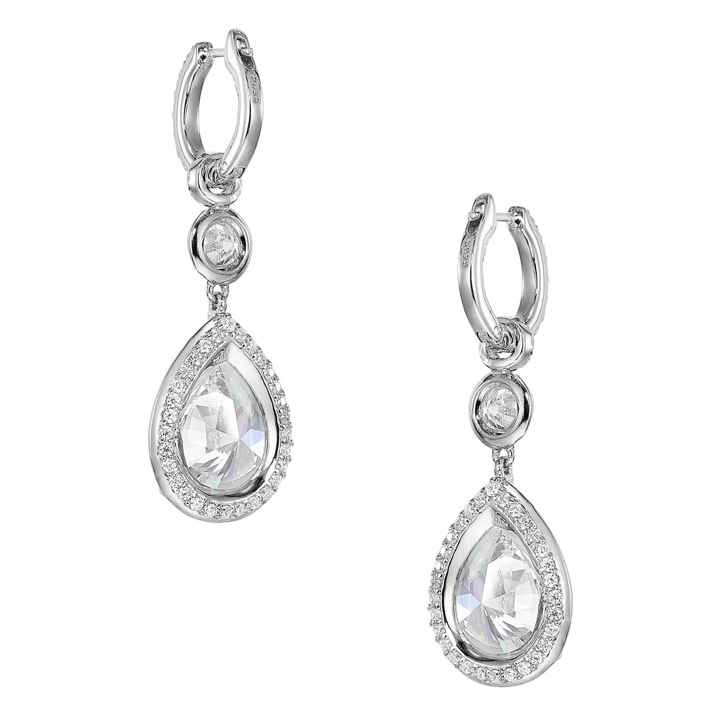 Large Pear Pendant Hoop Earrings in White Gold