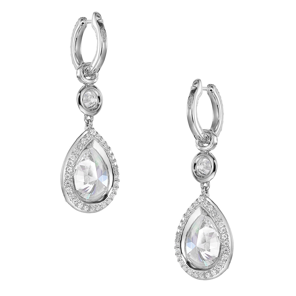 Large Pear Pendant Hoop Earrings in White Gold