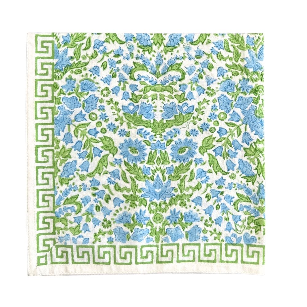 Hand block printed floral green and blue napkin with greek key border