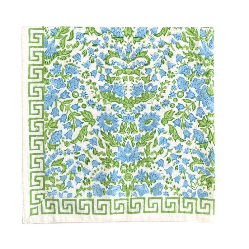 Hand block printed floral green and blue napkin with greek key border