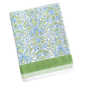 floral pattern hand block printed with blue flowers and green leaves