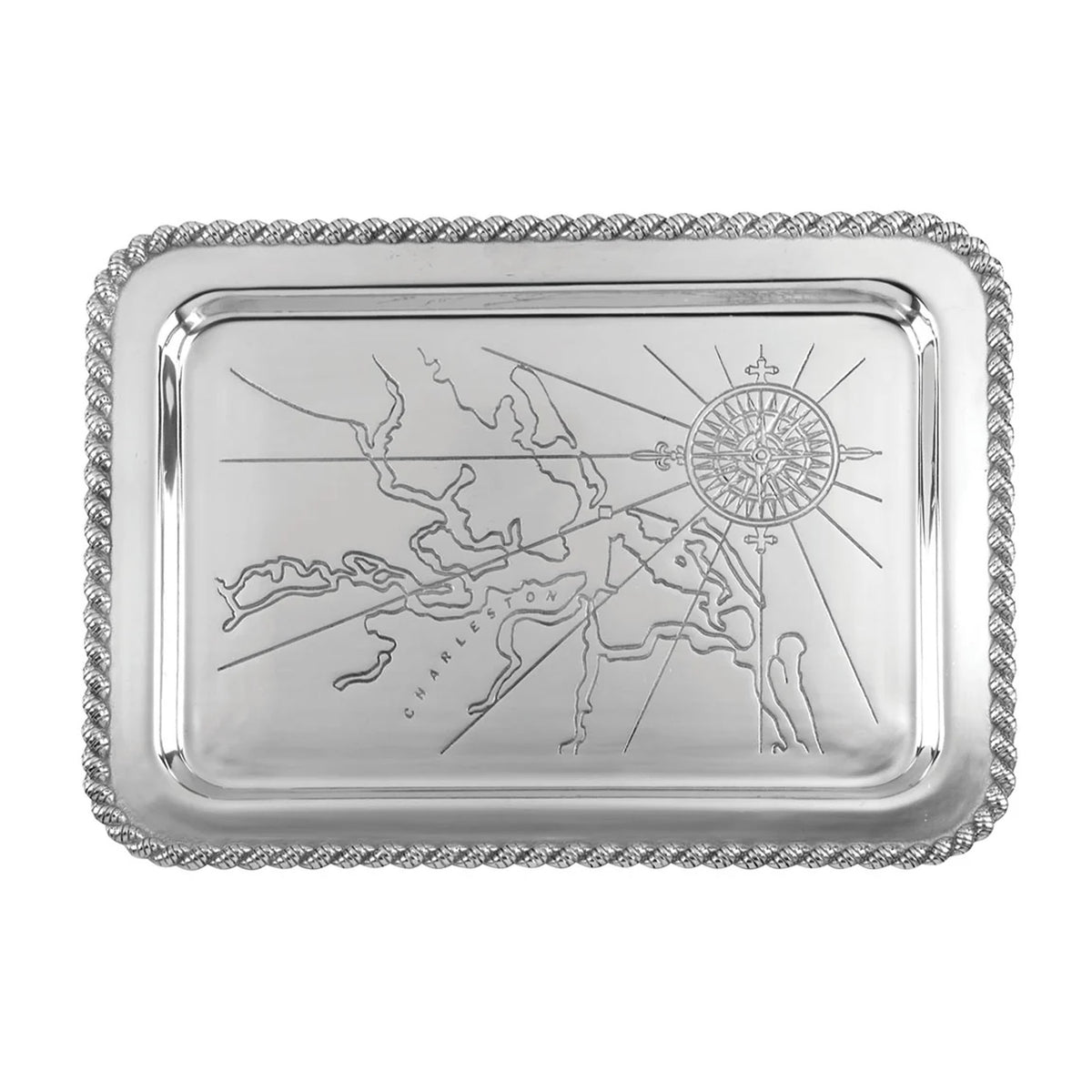 Top-down view of Latitudes Large Charleston tray with engraved Charleston map and compass rose and twisted rope border