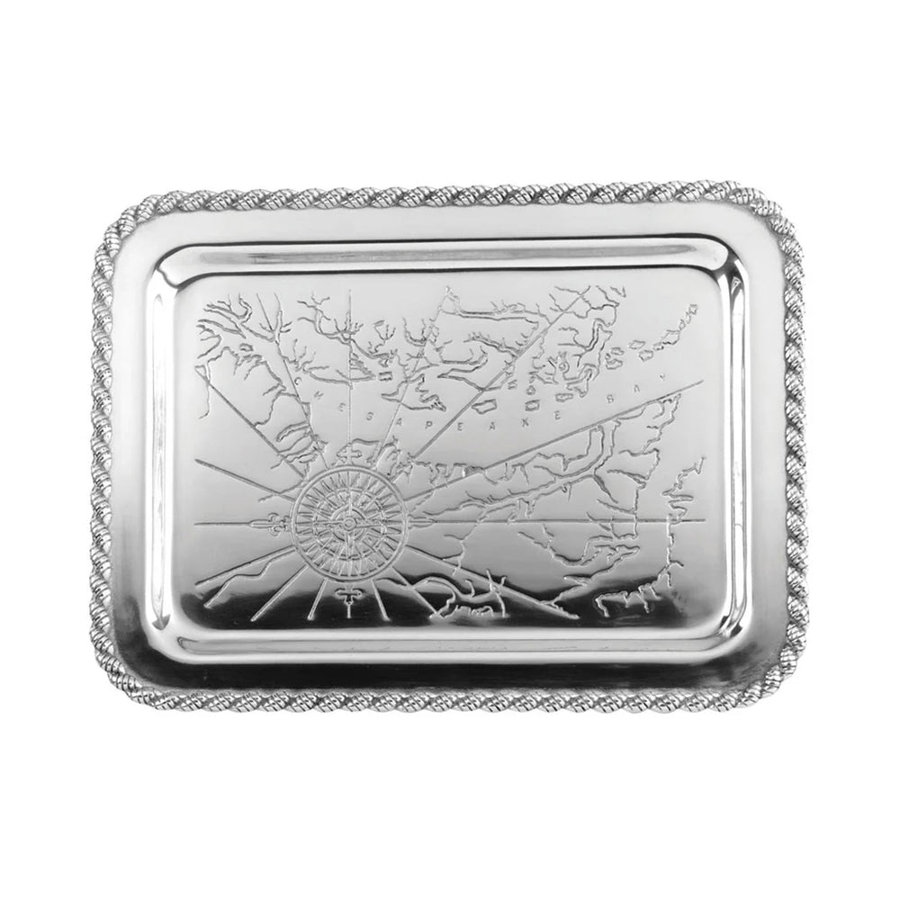 Top view of Latitudes Medium Chesapeake tray showcasing an etched Chesapeake Bay map and twisted rope-edge border on white background