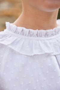 Little English traditional children's clothing.  Ruffled ivory blouse with swiss dots for girls for Fall