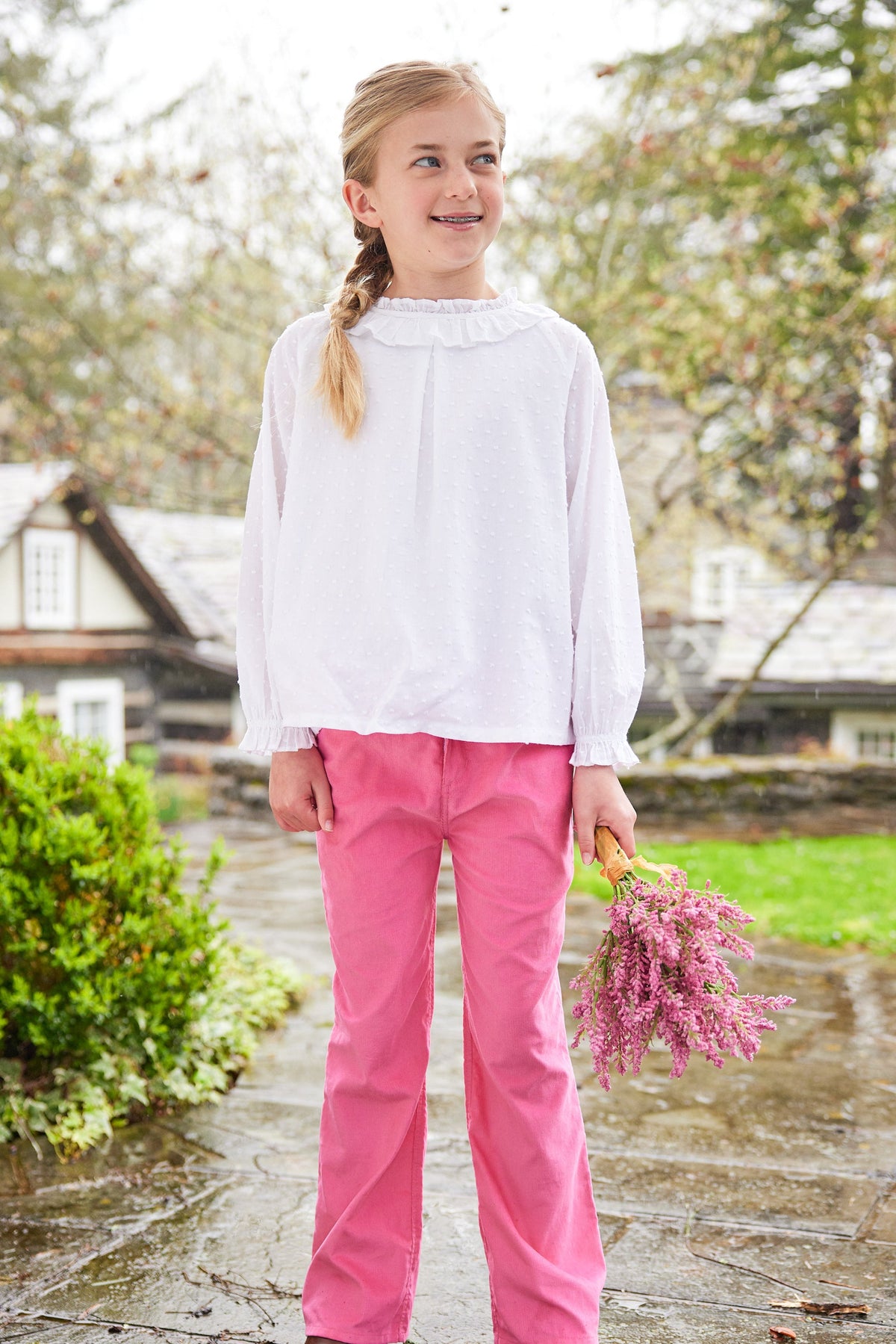 Little English traditional children's clothing.  Ruffled ivory blouse with swiss dots for girls for Fall