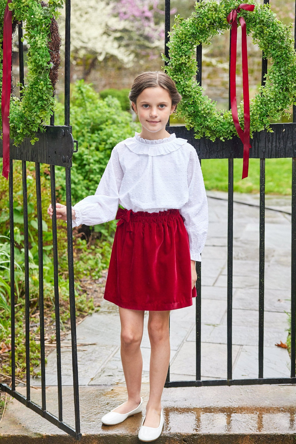 Little English traditional children's clothing.  Ruffled ivory blouse with swiss dots for girls for Fall