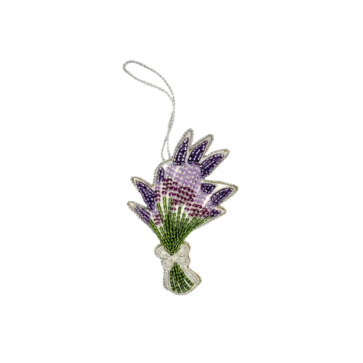 Front view of lavender bouquet ornament with hand-beaded purple and green beads and metallic thread on white background