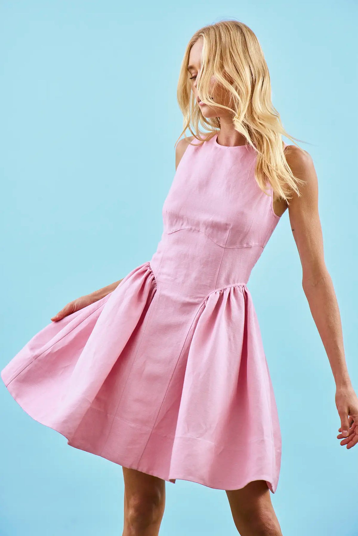 The Layne Dress, linen blend mini dress, in Pink Sand