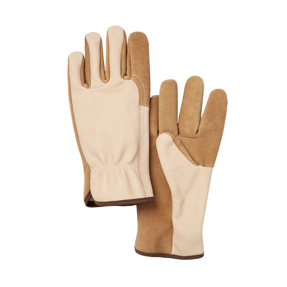 A product photograph of a pair of high-end two-toned gardening gloves, displayed flat side-by-side against a clean, light gray square background. The gloves feature a premium cream-colored smooth leather on the palms and inner fingers, contrasted with a rugged tan-brown suede on the backs of the hands, cuffs, and fingertips. A subtle elastic gathered detail is visible at the wrist, and the edges are finished with a clean brown trim.