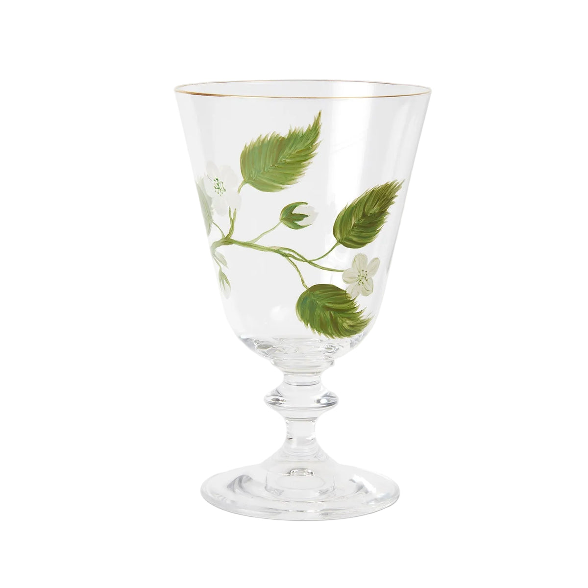 A product photograph of an elegant, clear glass wine or water glass with a footed stem and a fine gold rim, set against a clean, light gray background. The front of the glass is delicately hand-painted with a botanical design featuring a slender green branch with leaves and small white blossoms.