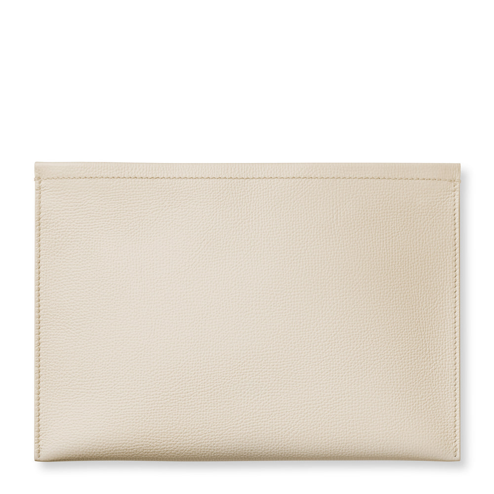 Front view of Aerin pouch in ecru leather showcasing pebbled texture and topstitching on white background